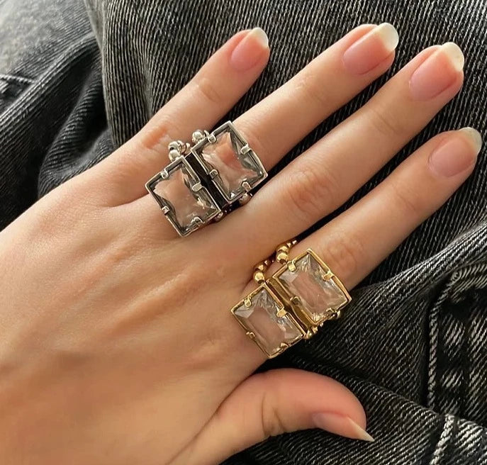 Anel Dois Cristais Dourado