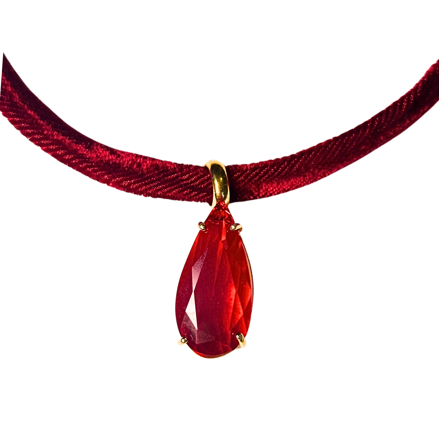 Colar Veludo e Gota Cristal Vermelho