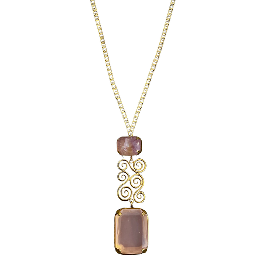 Colar Adele Longo Ametista e Quartzo Rosa