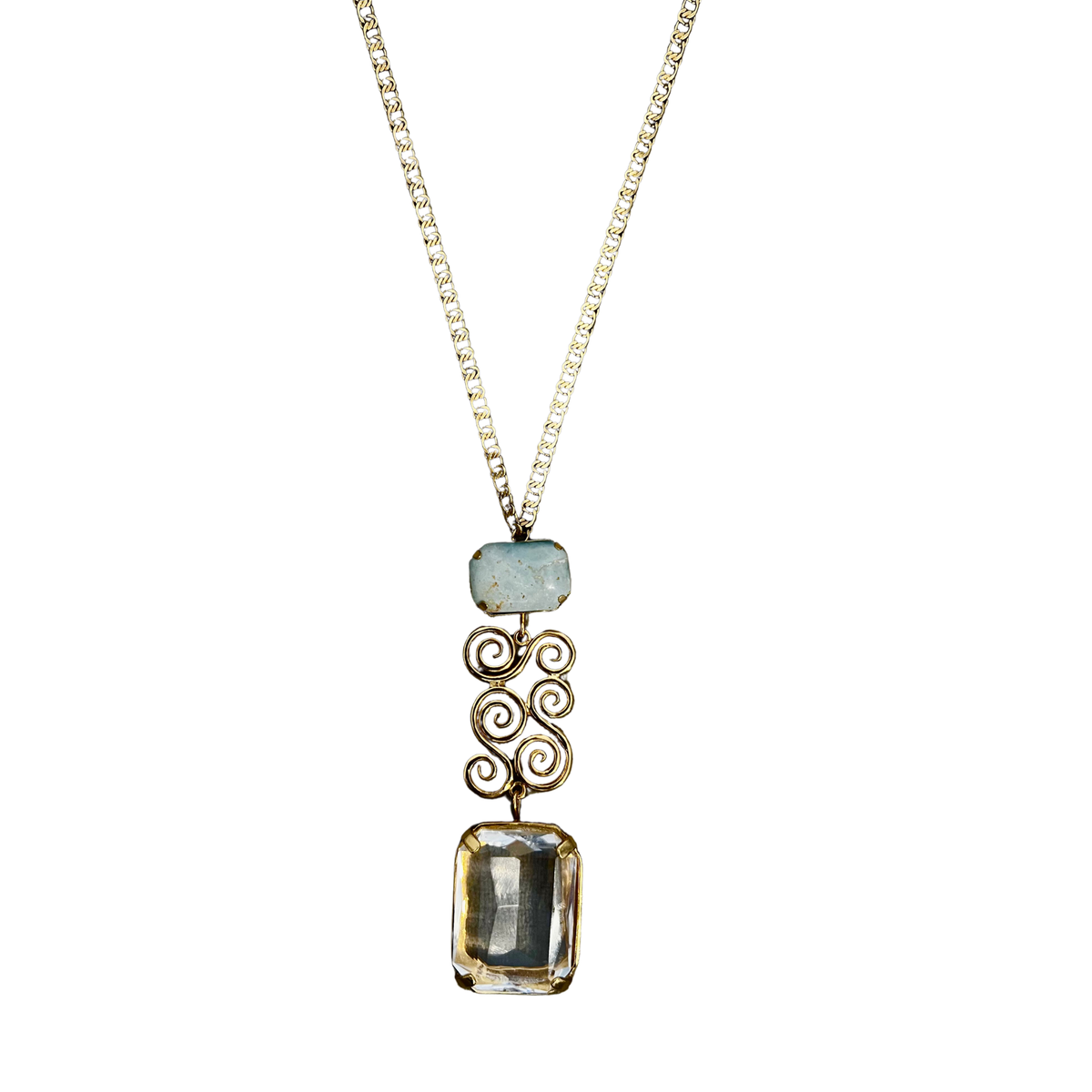 Colar Adele Longo Cristal de Rocha e Turquesa