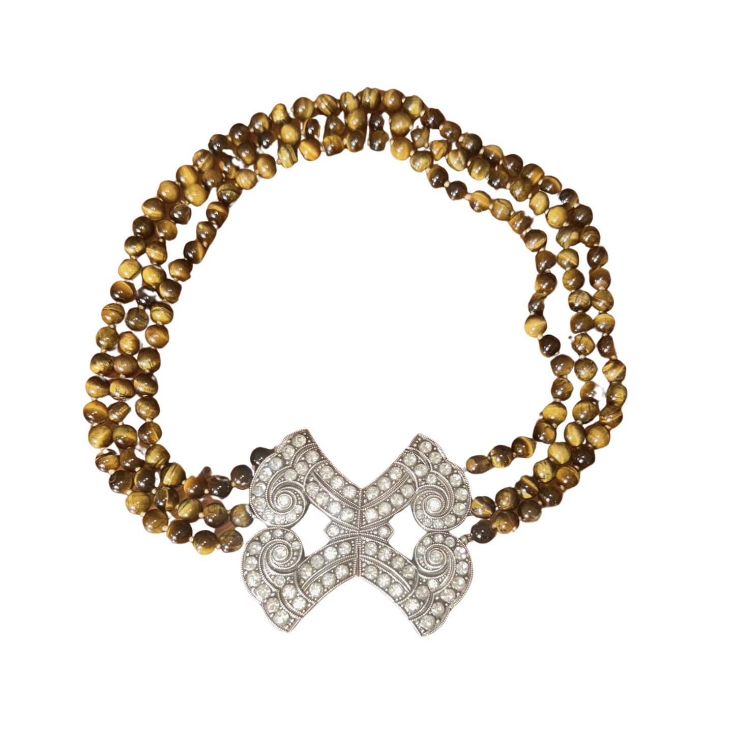 Chocker Olho de Tigre e Amuleto Vintage Cravejado