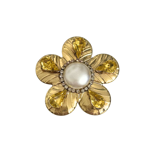 Broche Flor Cristais Amarelos e Pérola