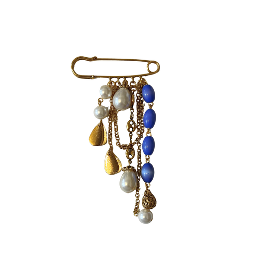 Broche Alfinete Pérolas e Cristal Azul