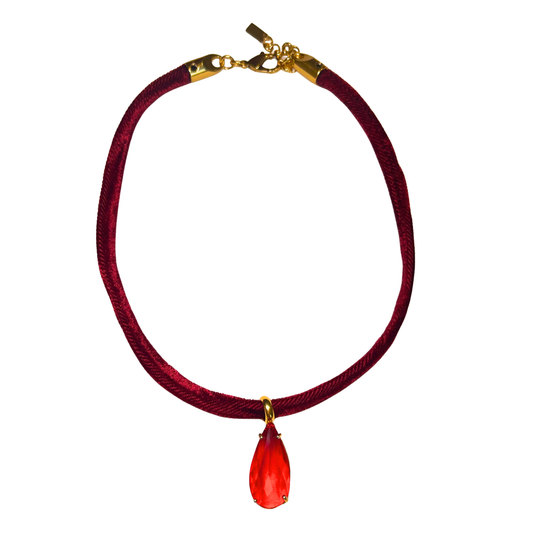 Colar Veludo e Gota Cristal Vermelho