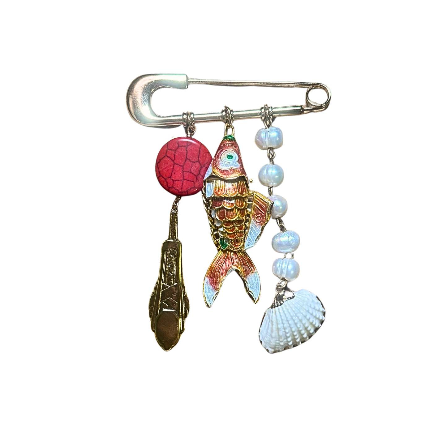 Broche Peixe Laranja e Pérolas
