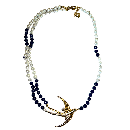 Colar Pérolas e Lápis Lazuli Andorinha