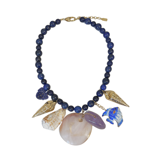 Colar Lápis Lazuli Conchas e Ametista