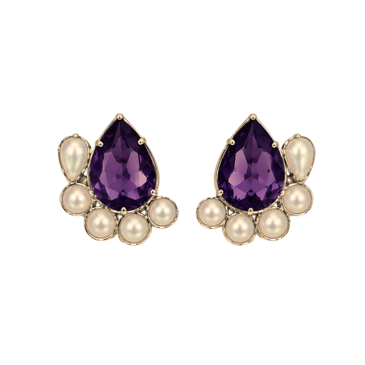 Brinco Chateau Cristal Roxo e Pérolas