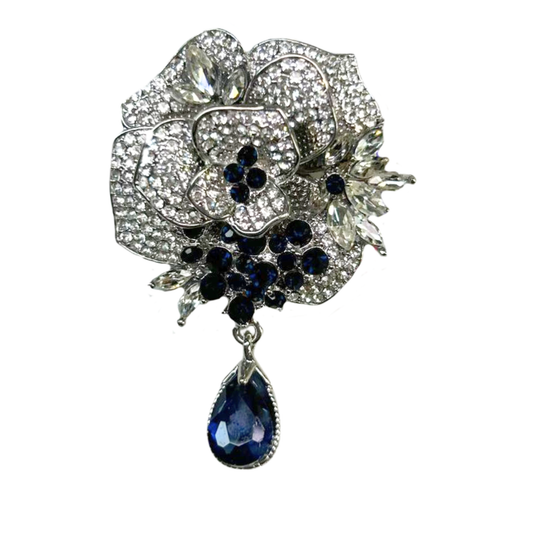 Broche Rosa Cravejada e Cristais Azuis