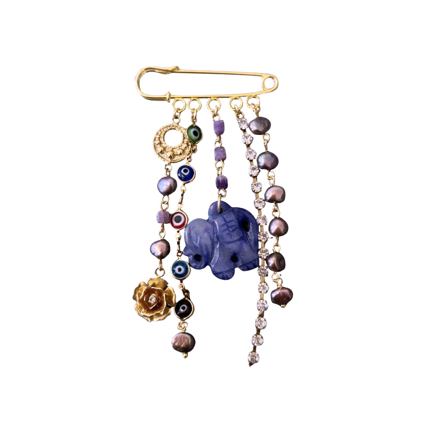 Broche Pérolas Lilás e Elefante de Ametista