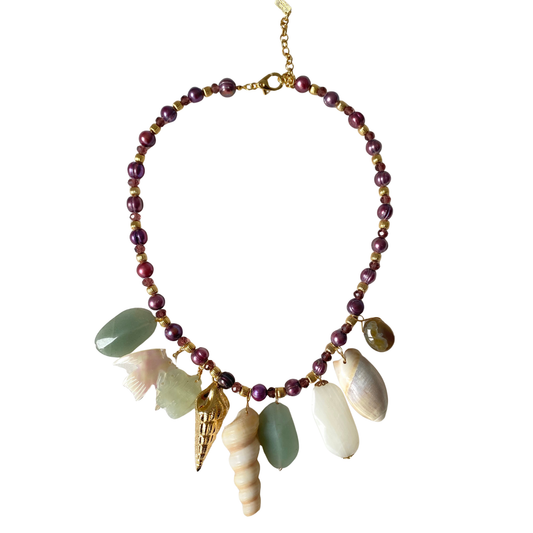 Colar Pérolas Lílas e Conchas