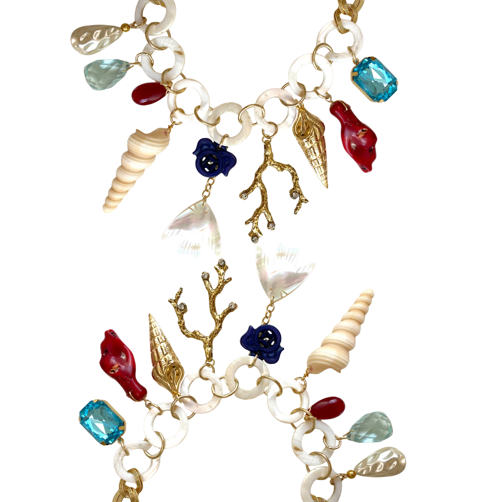 Colar Madre Pérolas Peixe e Coral