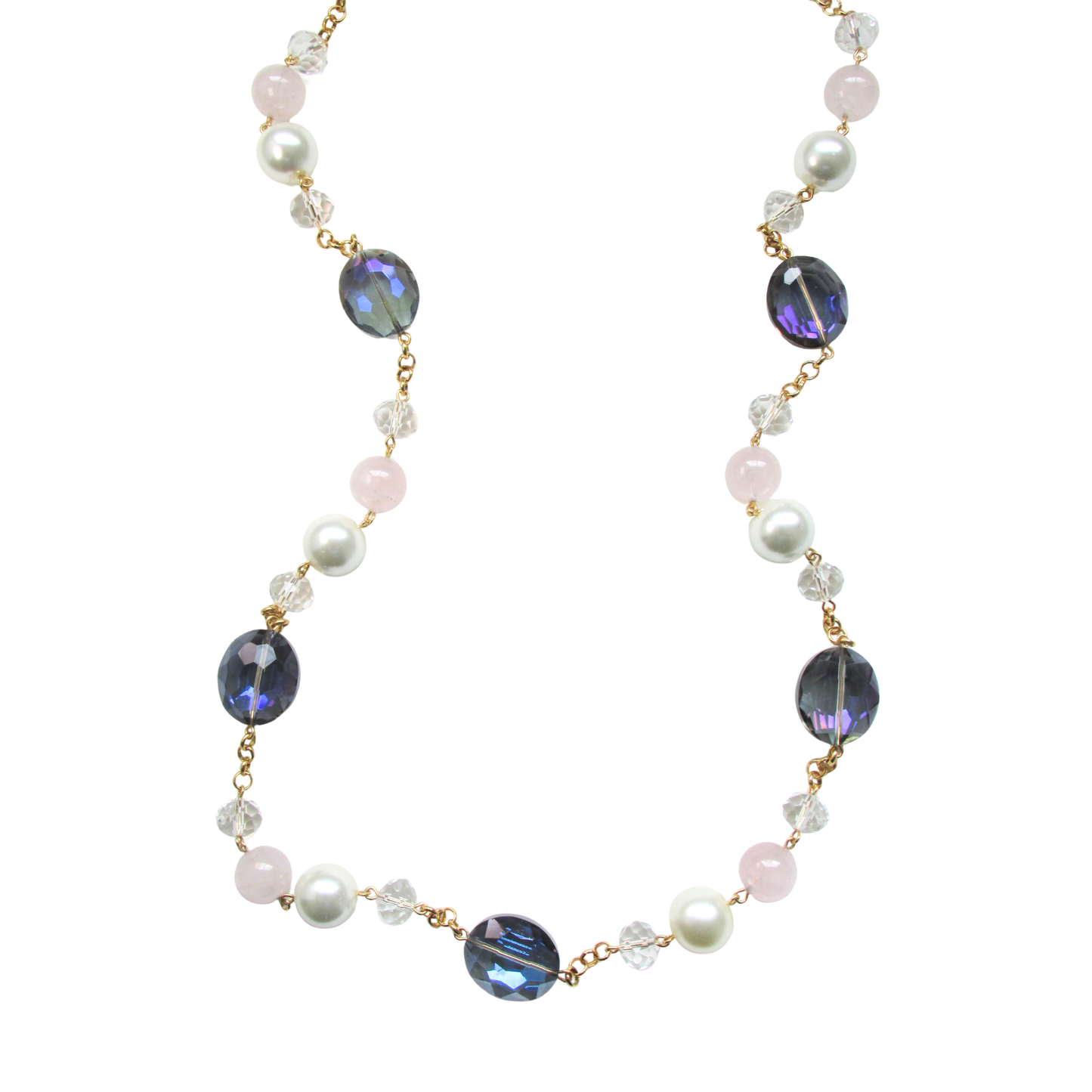 Colar Sautoir Pérola Quartzo Rosa e Cristais