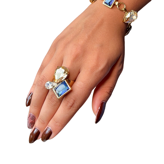 Anel 3 Cristais Josephine Azul