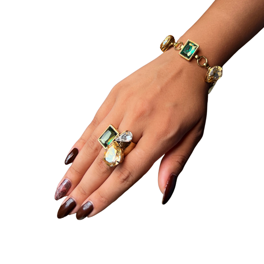 Anel 3 Cristais Josephine Verde