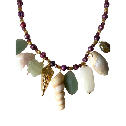 Colar Pérolas Lílas e Conchas