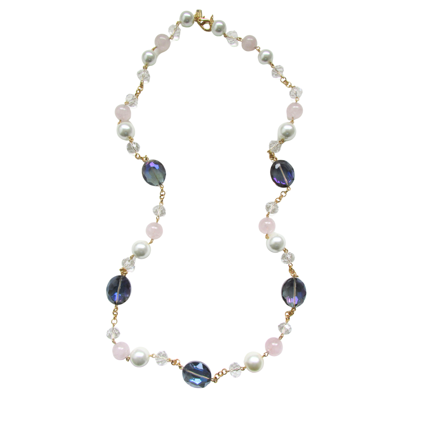 Colar Sautoir Pérola Quartzo Rosa e Cristais