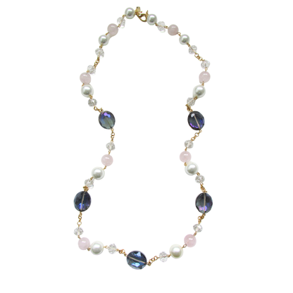 Colar Sautoir Pérola Quartzo Rosa e Cristais