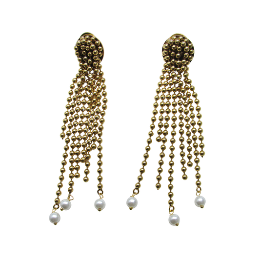 Brinco Chuveiro de Bolinhas Ouro e Pérolas