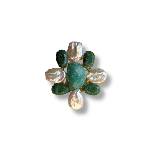 Broche Flor Turquesa e Pérolas