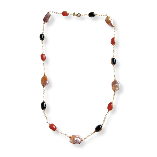 Sautoir Pérolas Agatas e Ônix