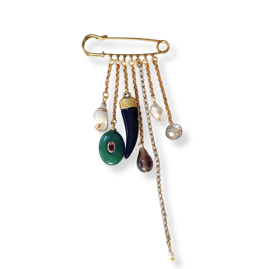 Broche Alfinete Jade com Pérolas