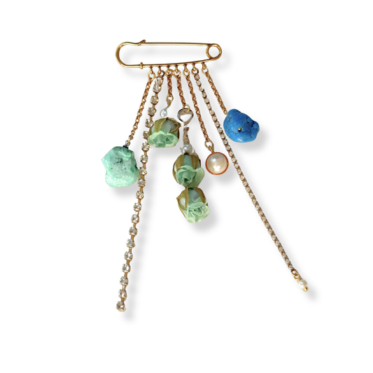 Broche Alfinete Turquesa com Pérolas