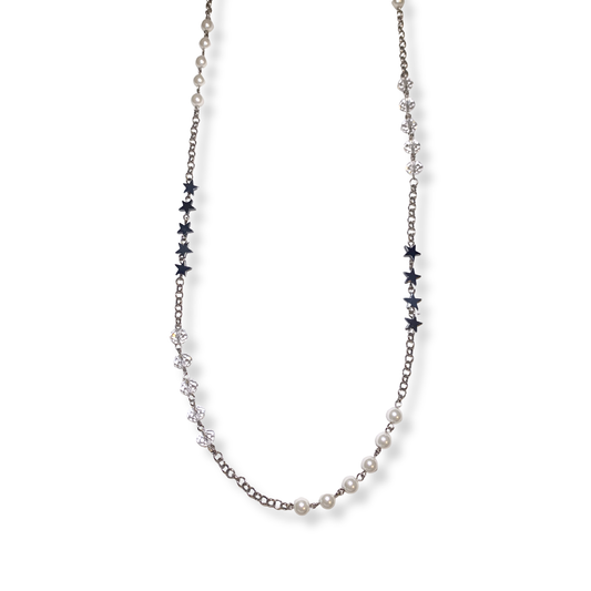 Sautoir Prata de Estrelas com Pérolas